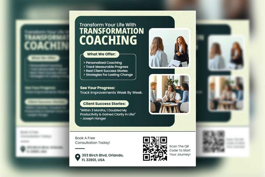 Coaching flyers showcasing measurable client outcomes with metrics and charts