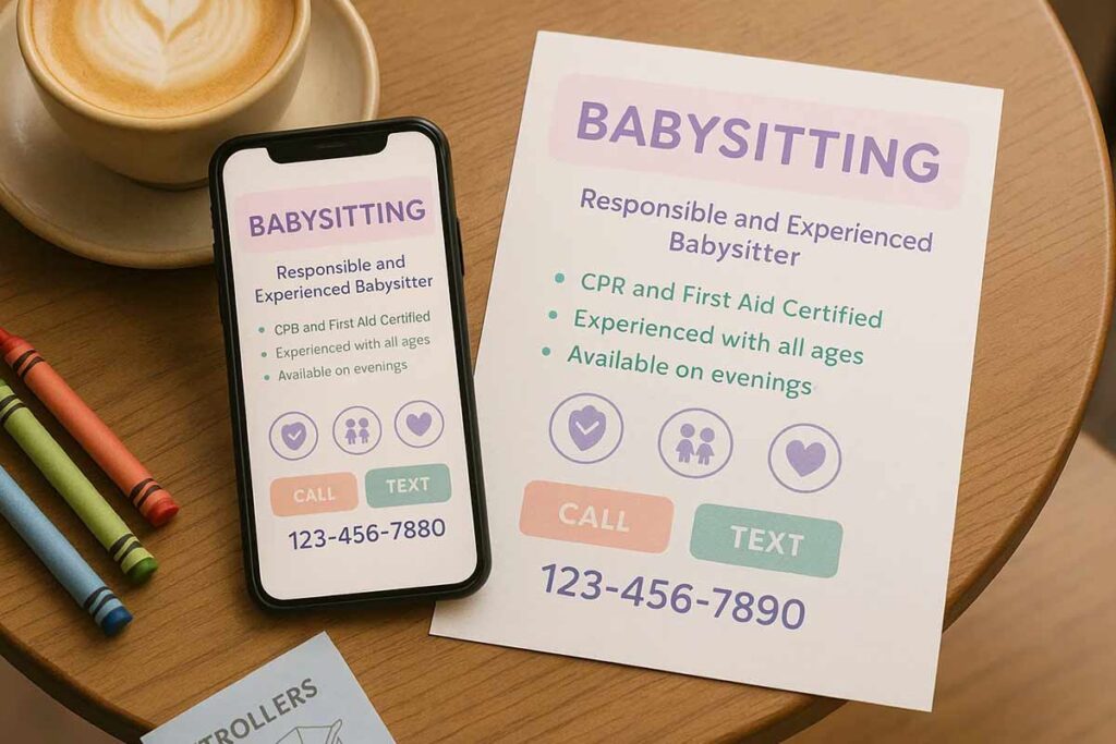 Babysitting flyers with visuals, QR codes, and clear contact info