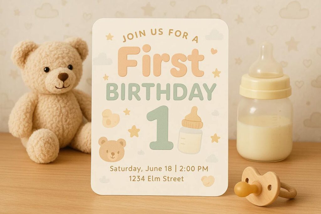 Pastel-themed Flyer For A Baby's First Birthday, Displayed Alongside A Teddy Bear, Baby Bottle, And Pacifier