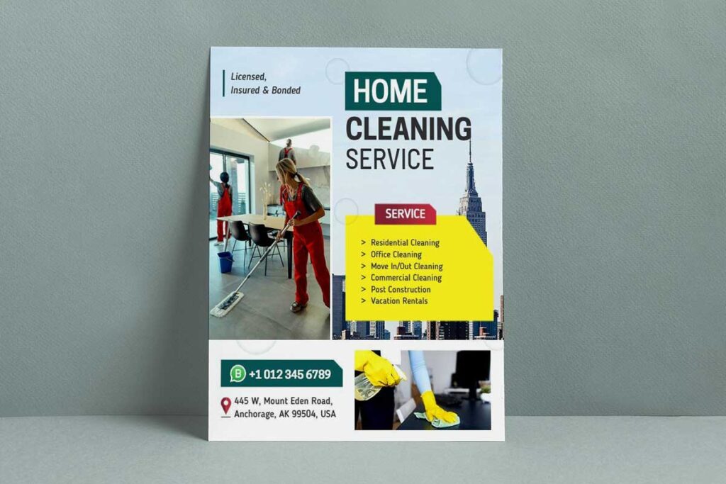 Premium cleaning service flyer with certifications, insurance, and trust badges highlighted