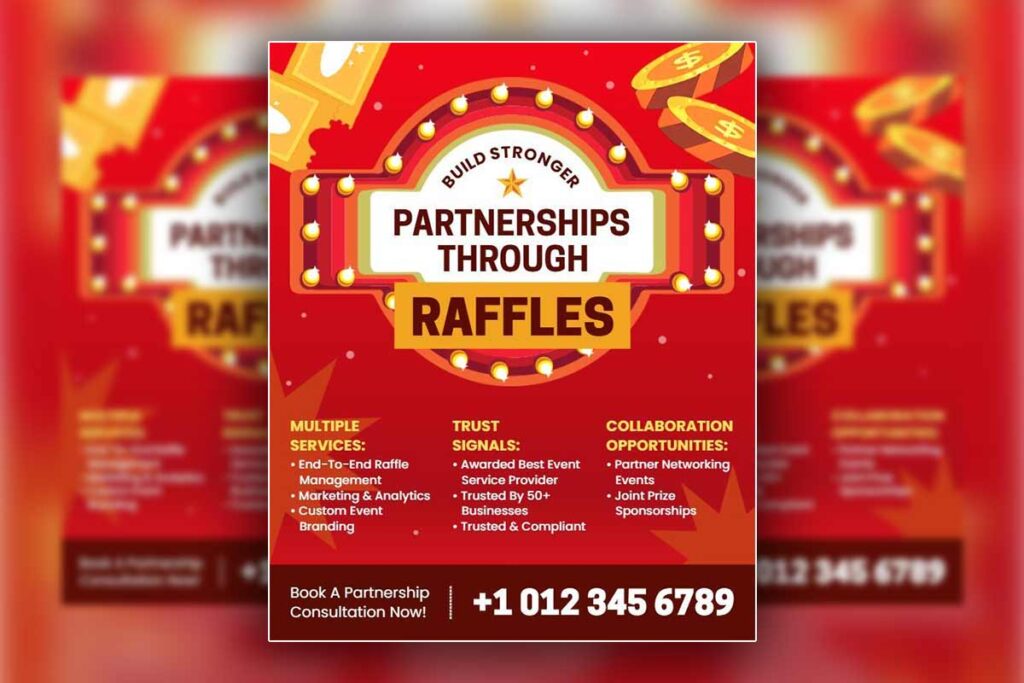 Raffle flyer layout showcasing multiple services and trust indicators
