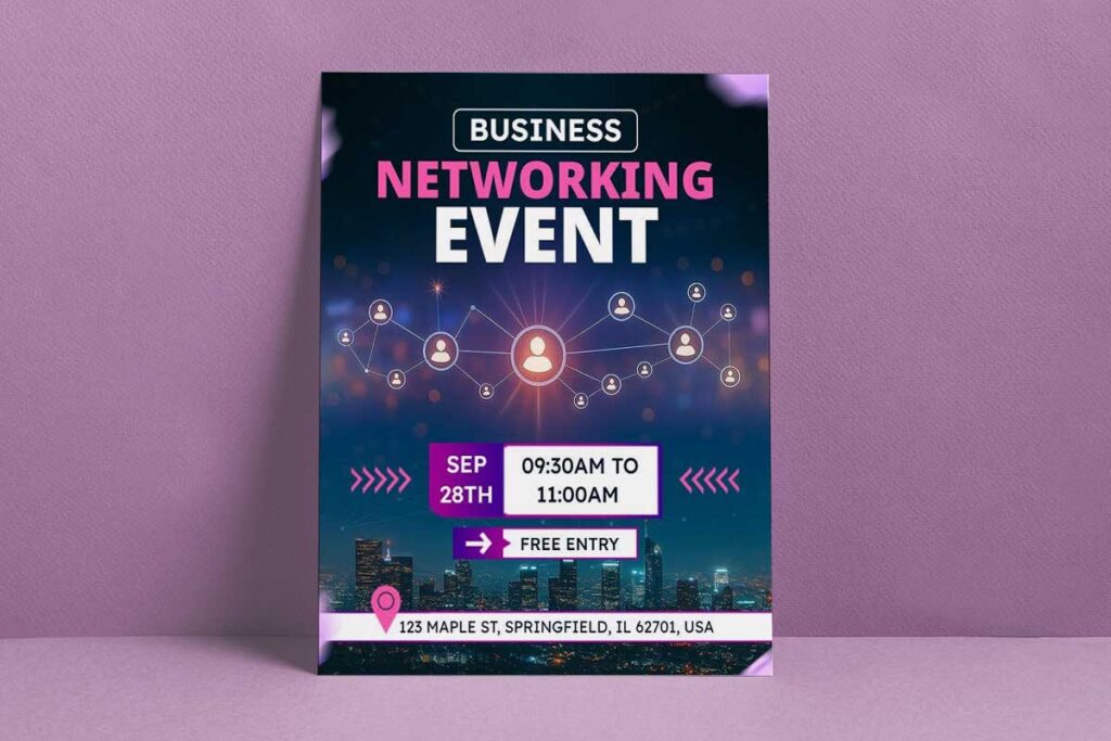 Networking event flyers with QR codes, offers, and engagement tools