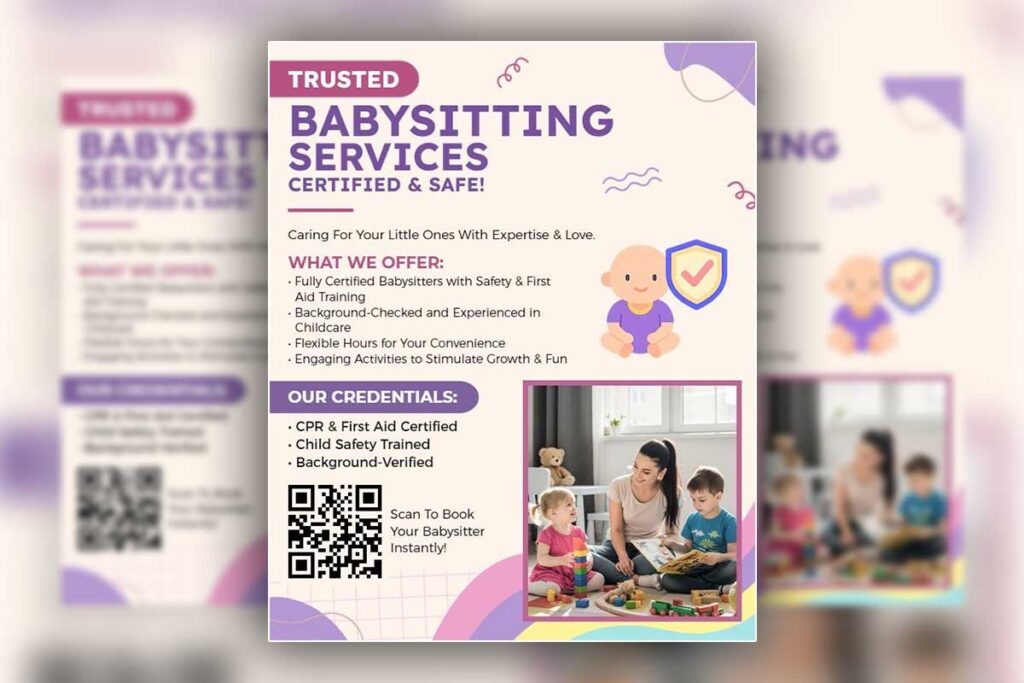 
Babysitting flyer showcasing safety and professional certifications