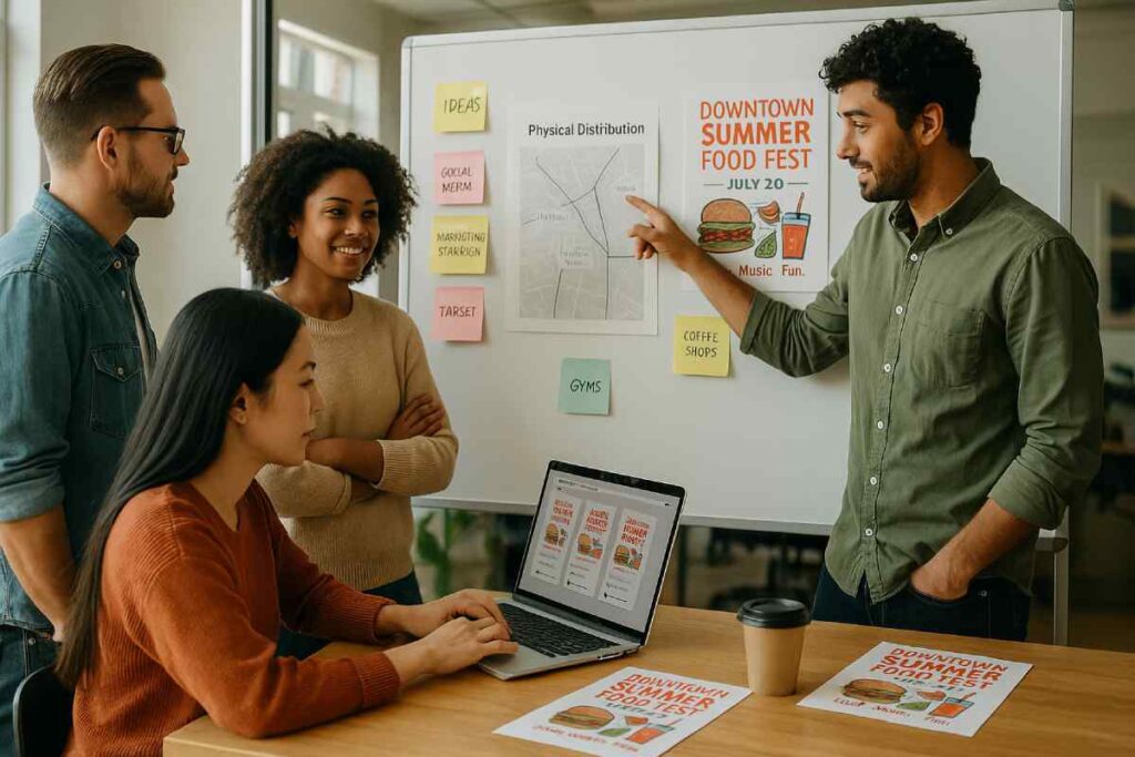 Team reviewing flyer analytics during a strategy session