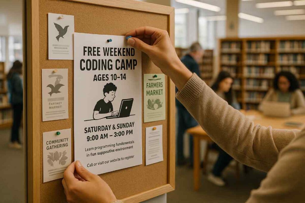 Posting a coding camp flyer at the local library community board.