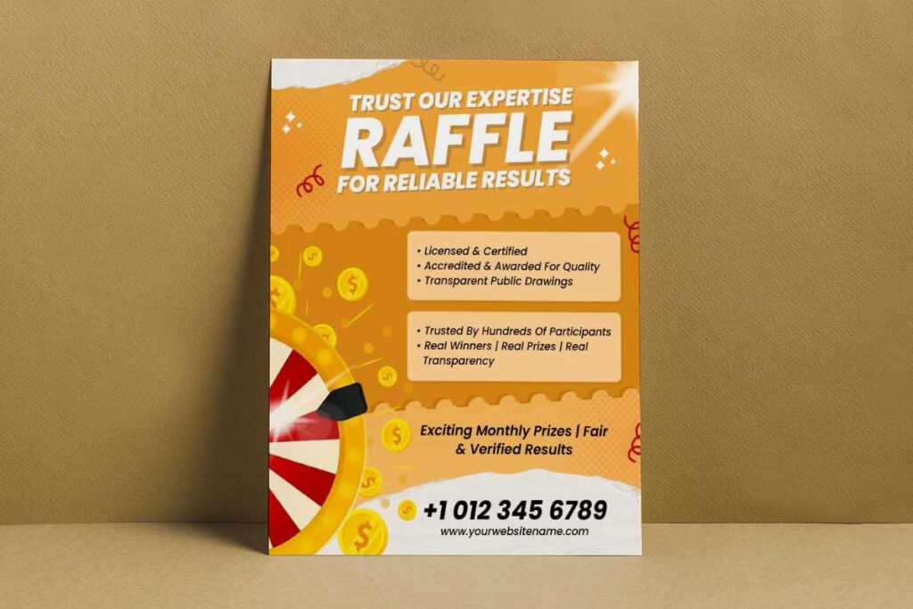 Raffle flyer highlighting trust indicators like certifications and testimonials