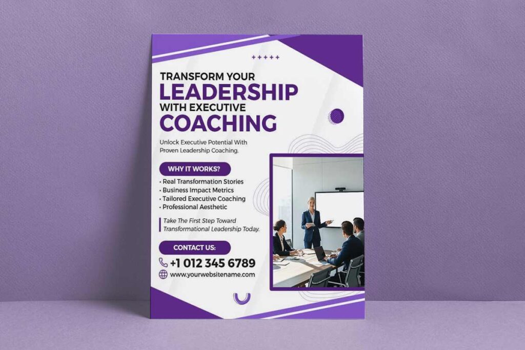 Executive coaching flyers visualizing business impact with charts, metrics, and success stories