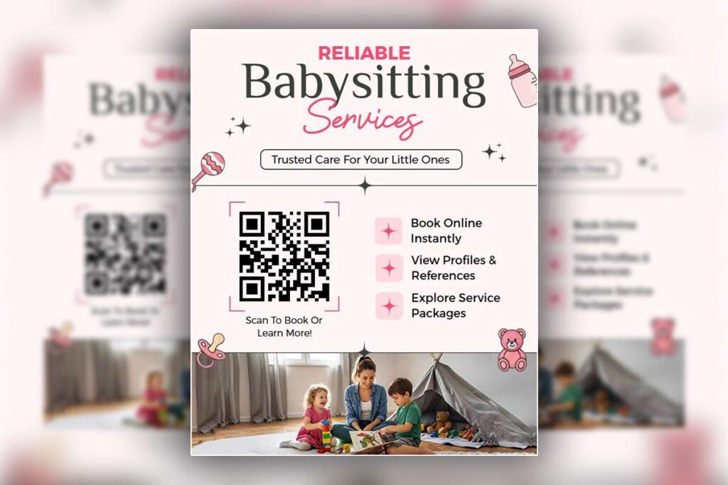 Babysitting flyer with easily accessible contact info, QR codes, and multiple communication options