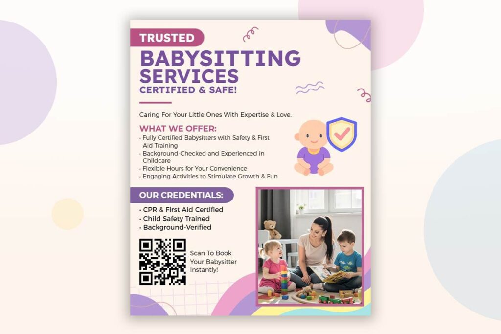Babysitting flyer highlighting updated safety certifications and training credentials