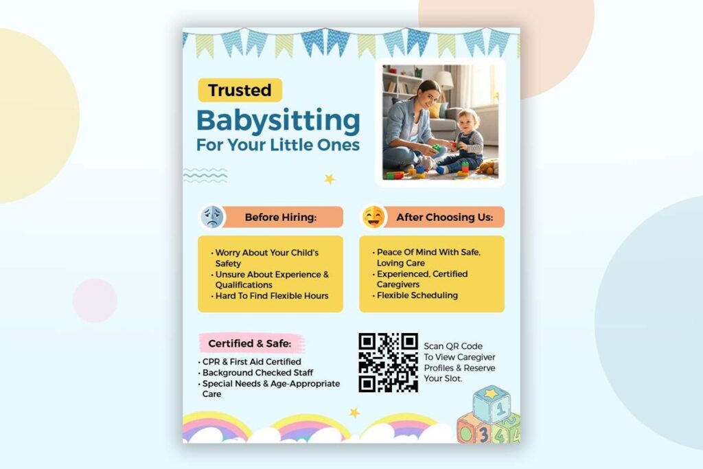 Trustworthy babysitting flyer with caregiver, certifications, and testimonials