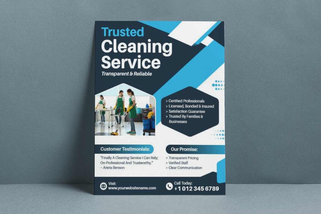 Cleaning service flyer with testimonials and certifications