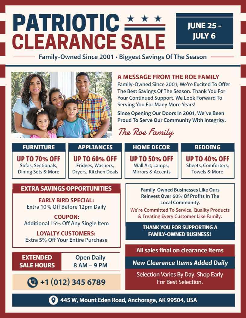 4th Of July Patriotic Clearance Sale Flyer Template Featuring A Red, White, And Blue Theme