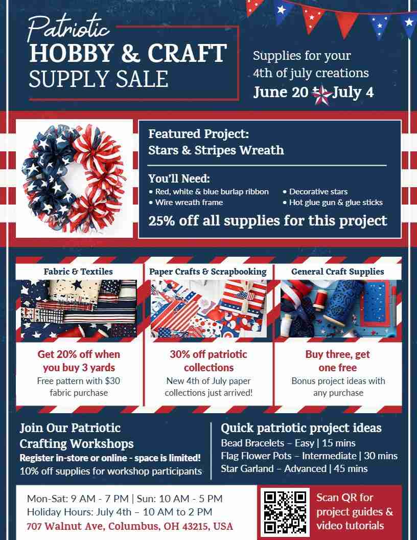 4th Of July Patriotic Hobby And Craft Supply Sale Flyer Template
