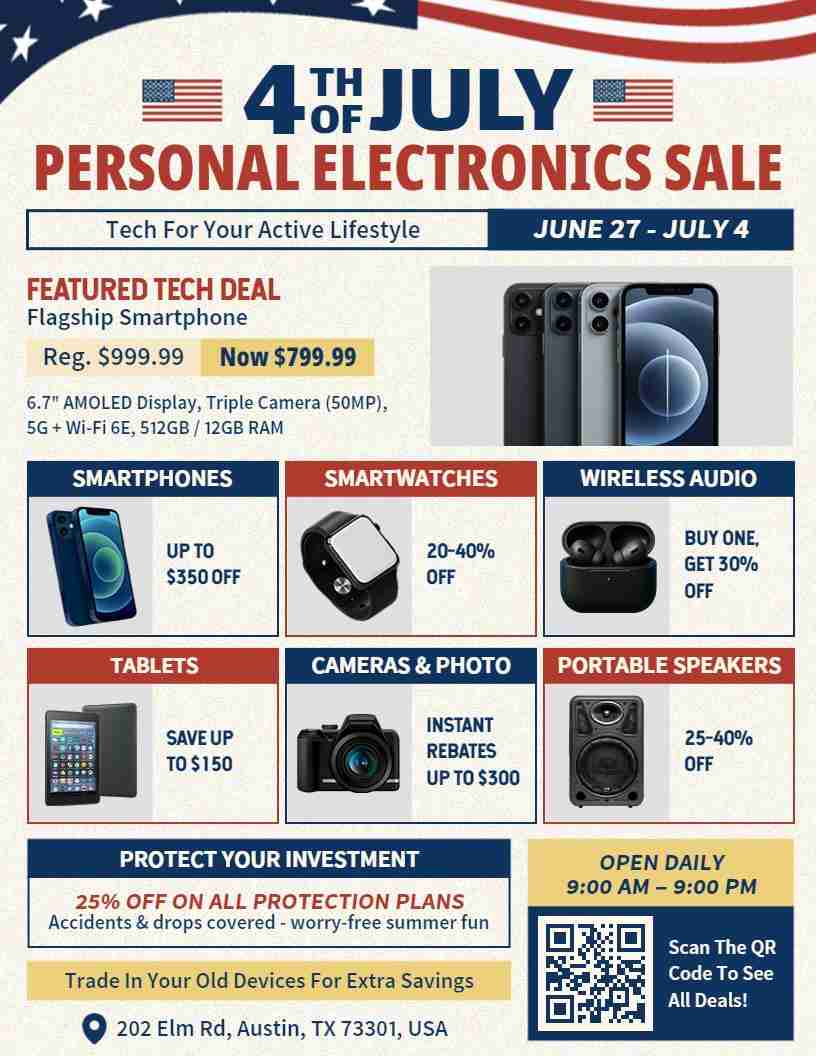 4th Of July Flyer Template Promoting A Personal Electronics Sale