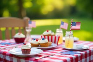 4th of july picnic table decorated with food Images