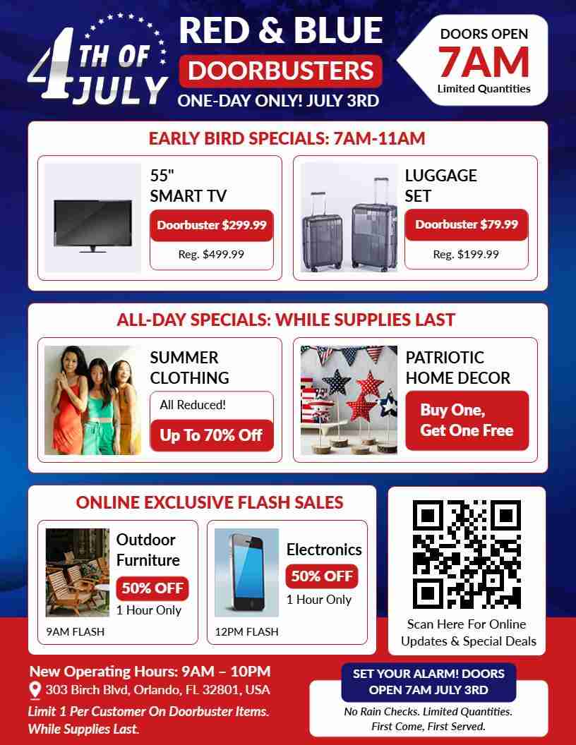 4th Of July Retail Sale Flyer Template Featuring A Red, White, And Blue Theme