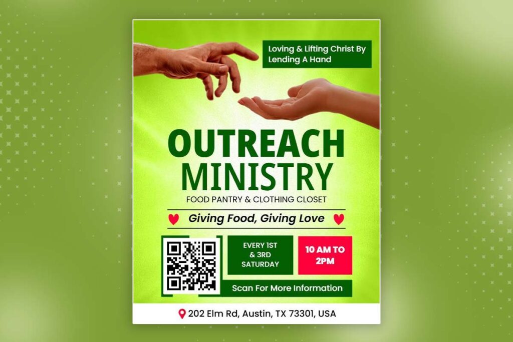 Church flyer with QR codes, social media icons, and interactive contact details