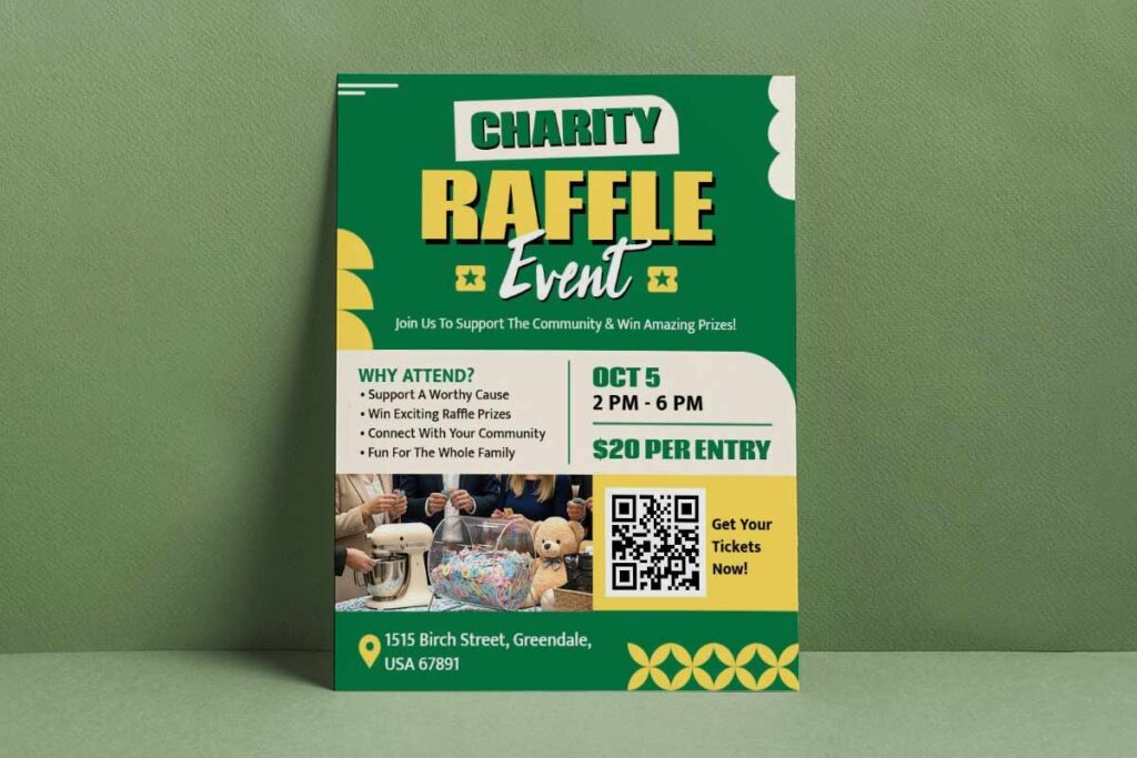 Raffle flyers highlighting venue details, event experience, and community engagement