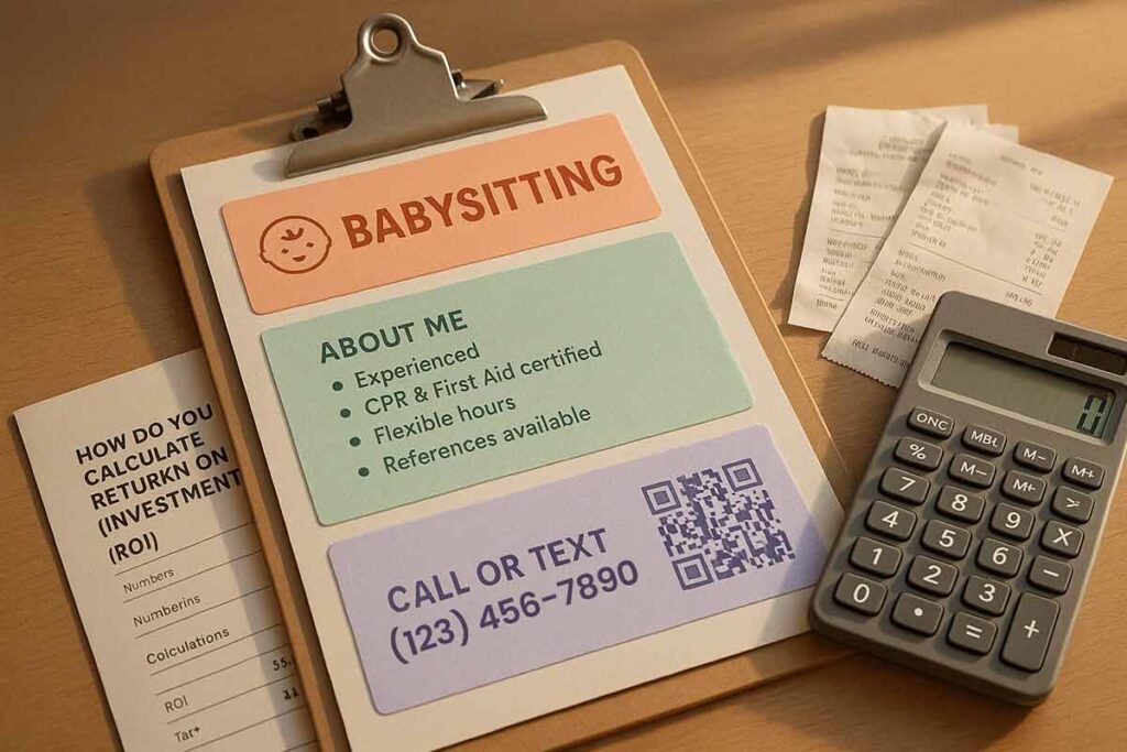 Babysitting flyer ROI tracked via costs, bookings, and client value