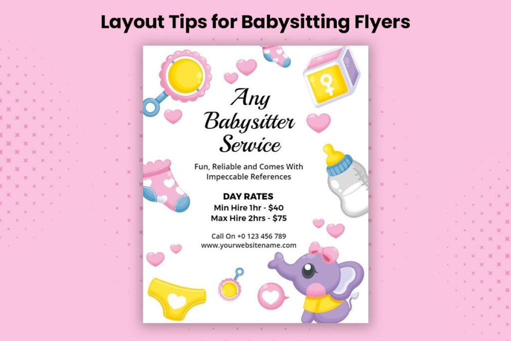 "Babysitting flyer with clear hierarchy, warm colors, and balanced layout