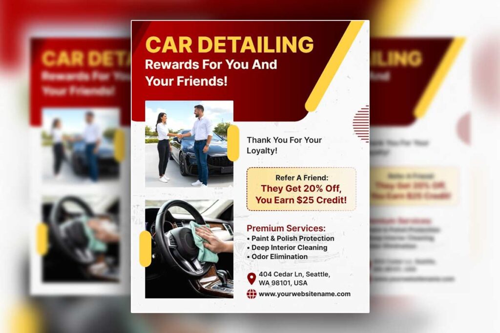 Car detailing recovery flyer offers: discounts, packages, loyalty