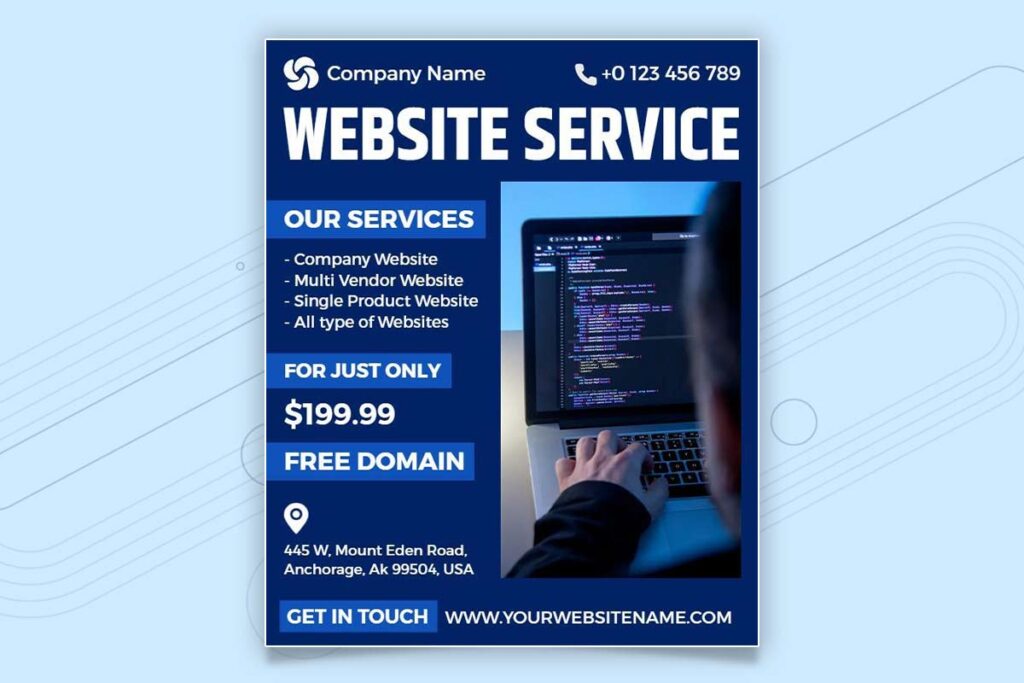 Website service flyer using trust-building colors: blue, gray, green, purple