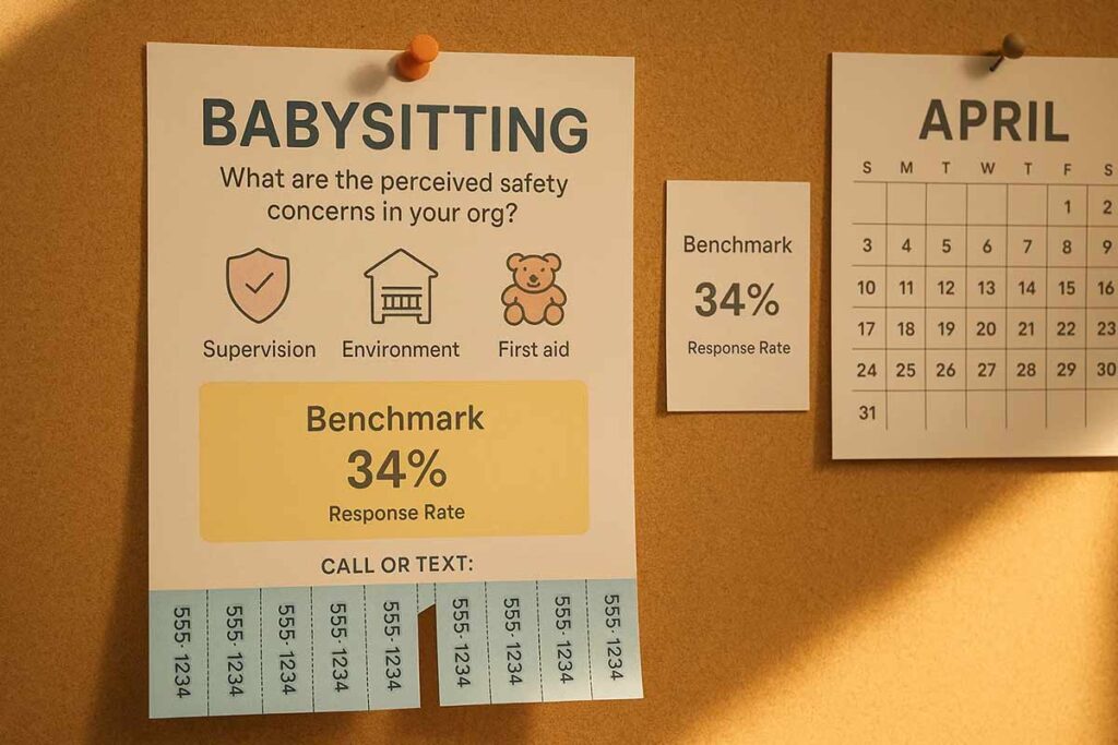 Babysitting flyer benchmarks: response, conversion, clients per 100 flyers, revenue