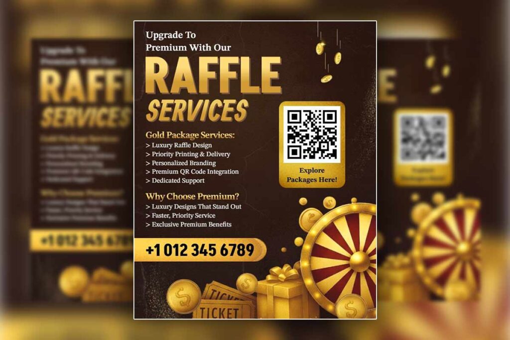 Raffle flyer sequence showing tiered services with client success visuals