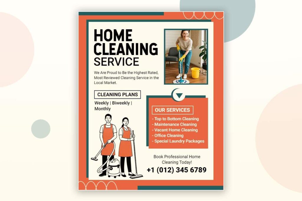 Cleaning service flyer with before-and-after images, certifications, and value-focused messaging