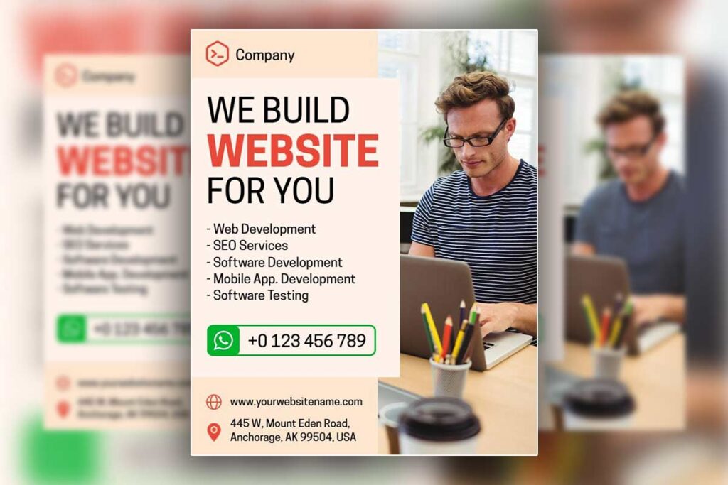 Mobile-optimized website service flyer with vertical layout and portfolio images