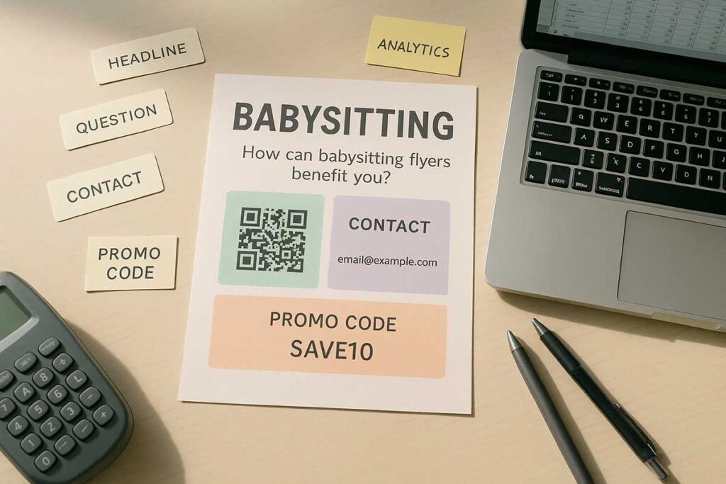 Babysitting flyer tracking with QR codes, dedicated contacts, and analytics