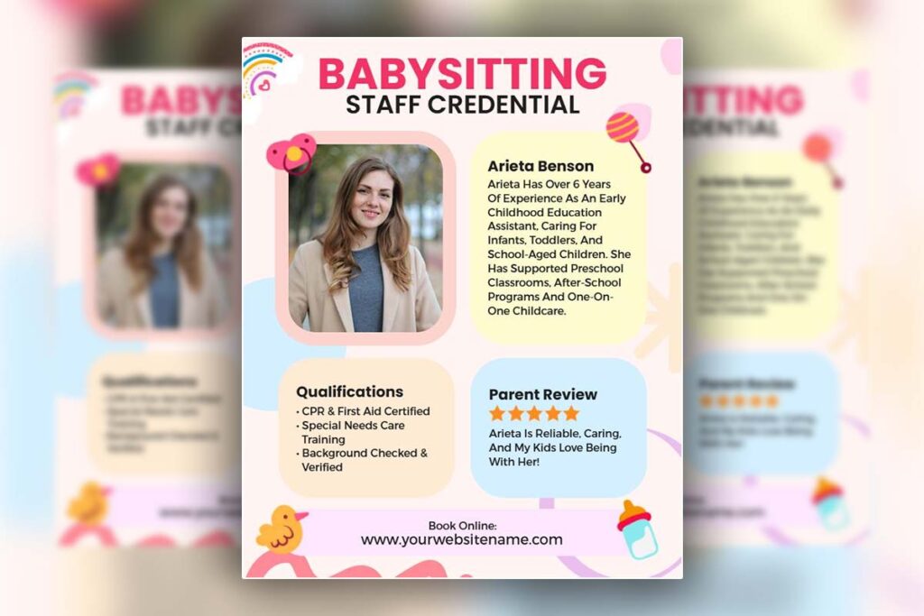 Babysitting flyer showing staff credentials, training badges, and certifications