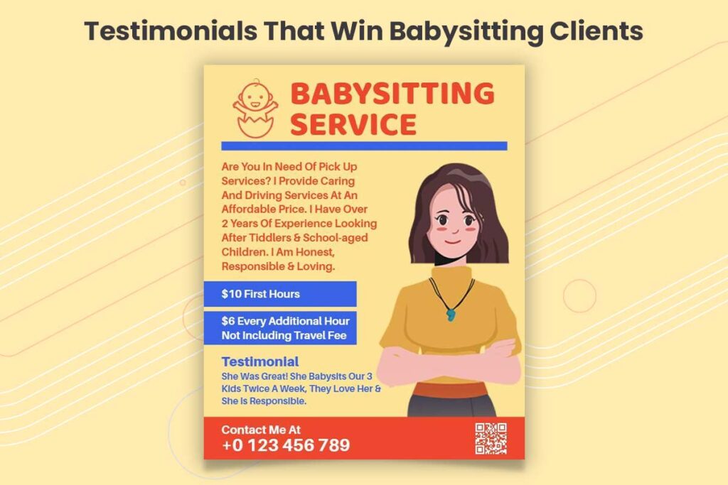 Babysitting flyer with parent testimonials and ratings