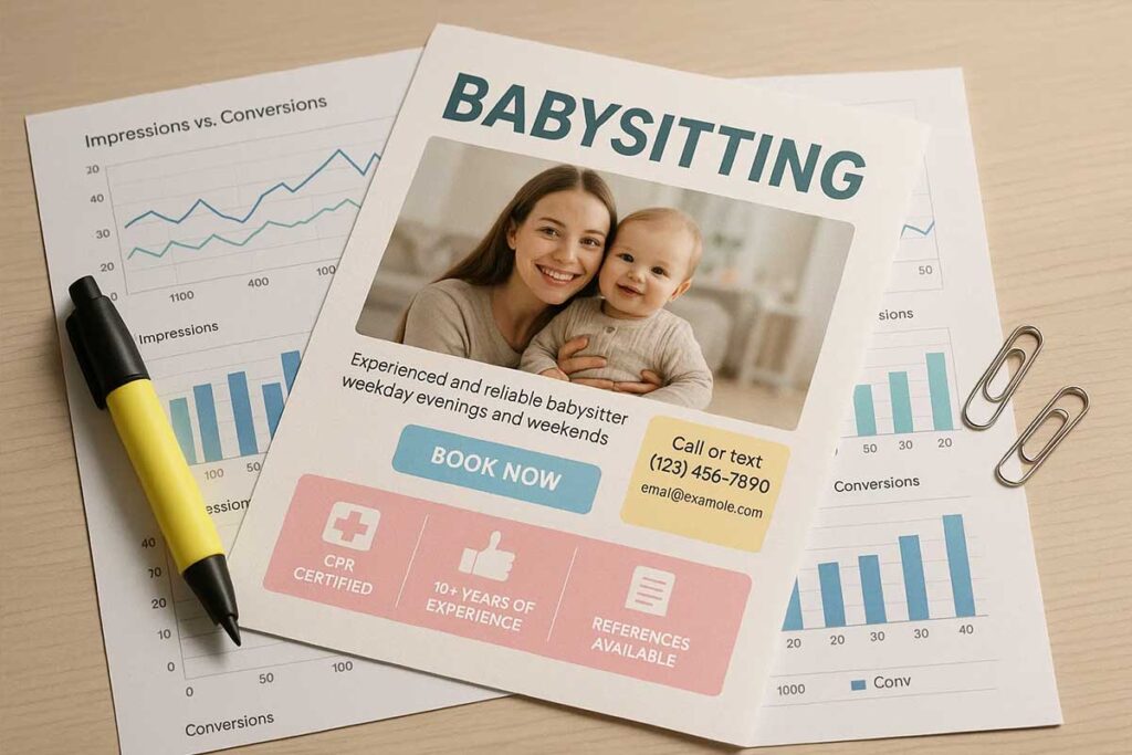 Babysitting flyer tracking: bookings and recurring clients vs. impressions