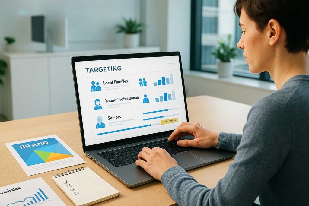A woman focuses on her laptop, analyzing a marketing dashboard with graphs and metrics.