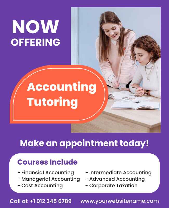 A professional flyer design promoting accounting tutoring services, featuring educational elements and clear details.