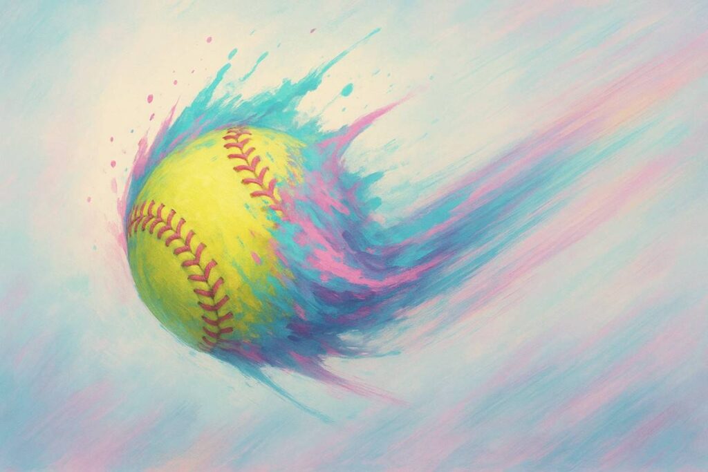 A softball painting with vibrant pink and blue splashes on a neutral background.
