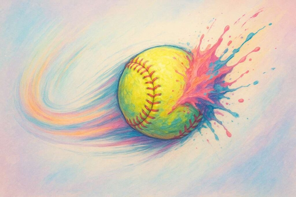 A vibrant softball painting with colorful splashes, capturing movement and energy
