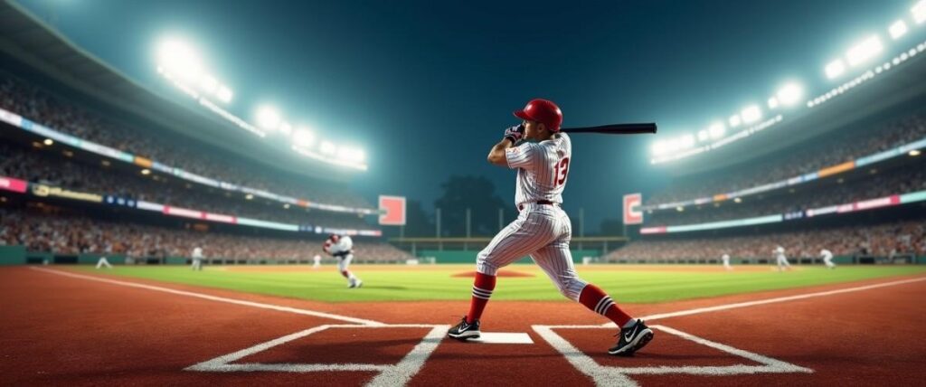 Player at home plate swings a bat, ready to hit the ball during a baseball game.