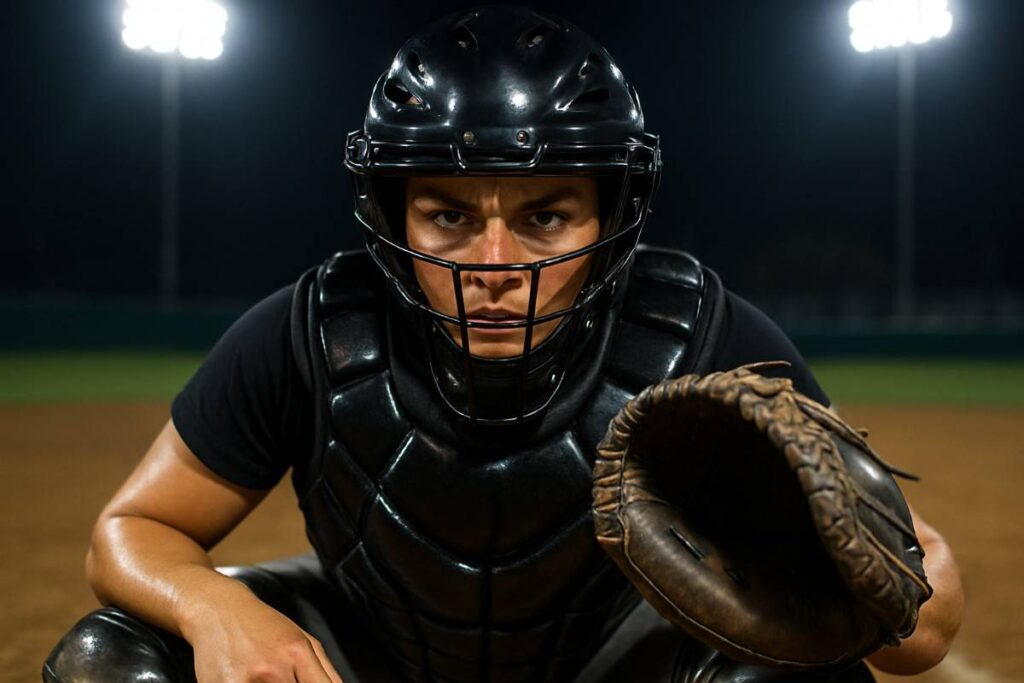 A female catcher in full gear crouches, ready for action on the field.
