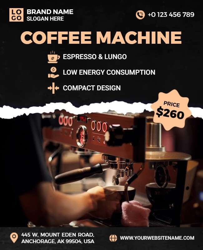 Coffee machine flyer featuring product details, brewing features, and promotional offers