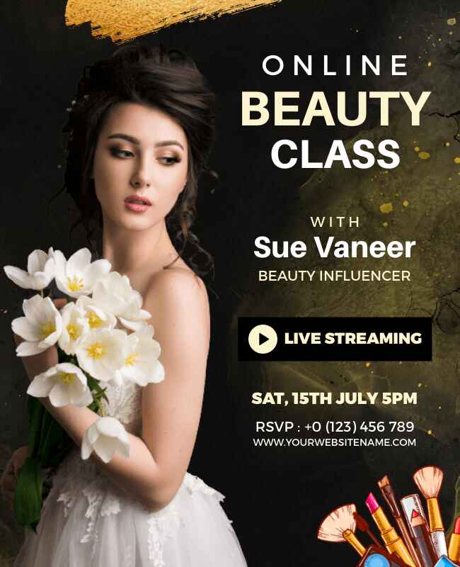 A dark-themed flyer template promoting online beauty classes with elegant and sophisticated visuals.