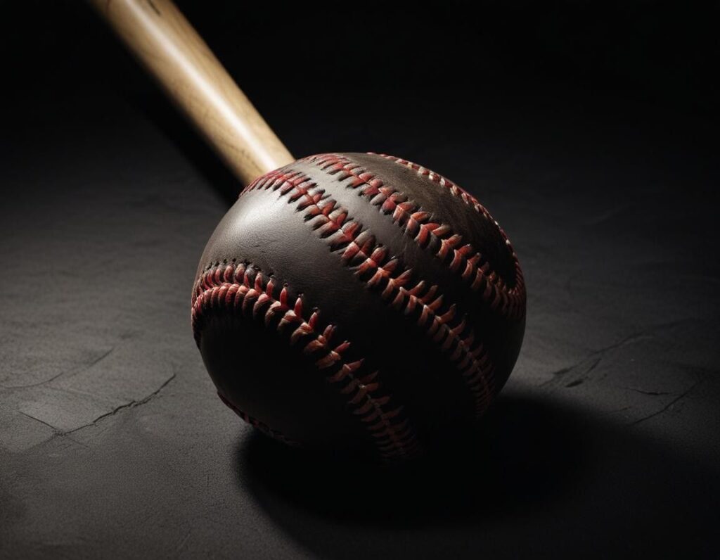 Bat and softball contrast on a black background.