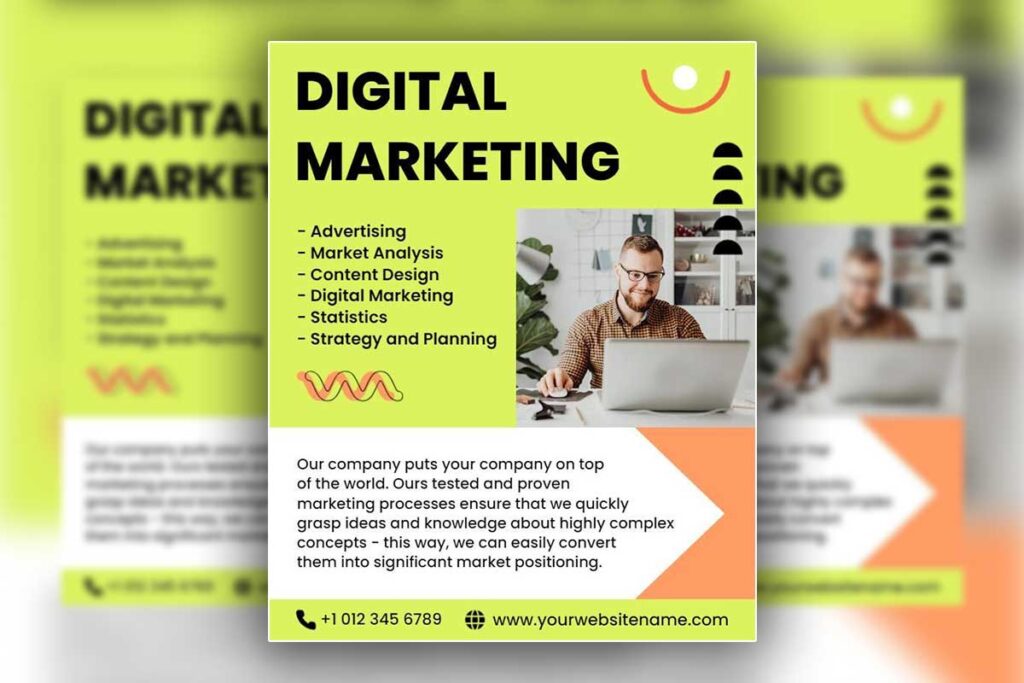 Digital marketing flyer with laptop user