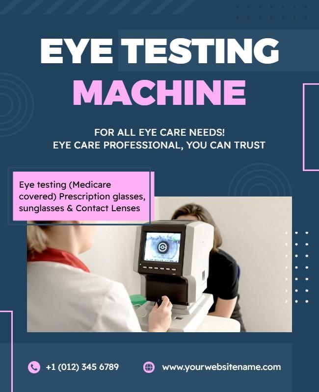 Eye-testing machine flyer showcasing advanced features, accurate results, and promotional offers