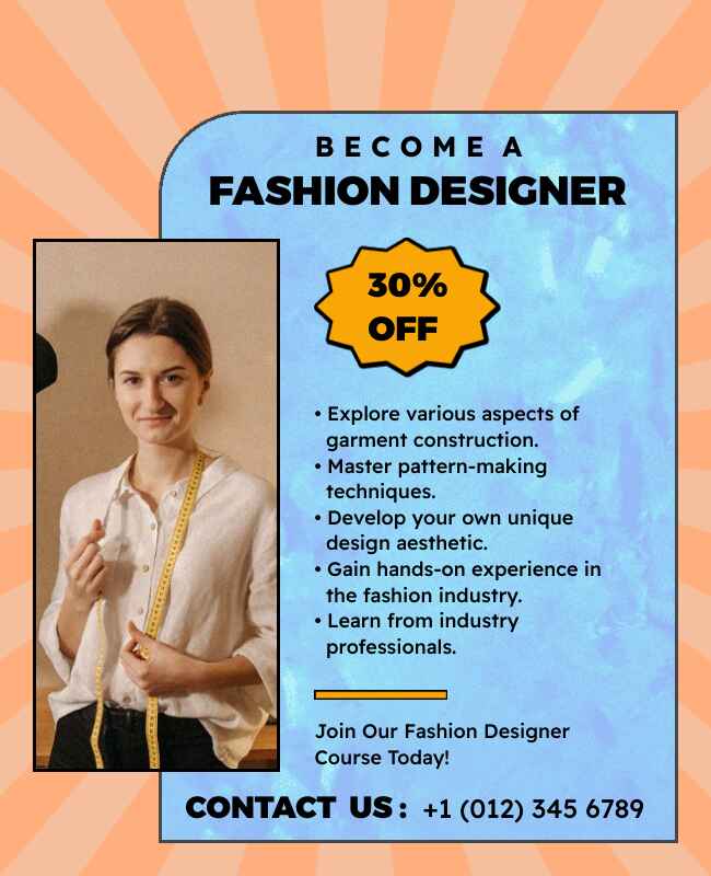 Chic flyer template for fashion designer courses, featuring stylish graphics and course details