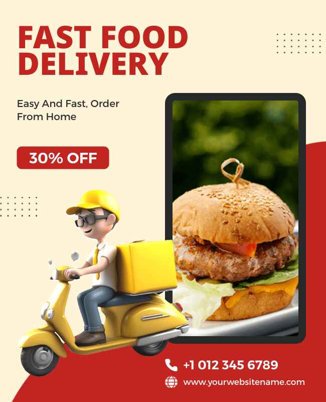 Vibrant fast food delivery flyer template with images of popular fast food items.