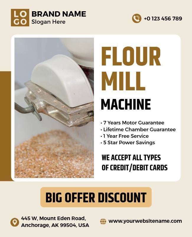 Flour mill flyer showcasing product features, benefits, and promotional offers