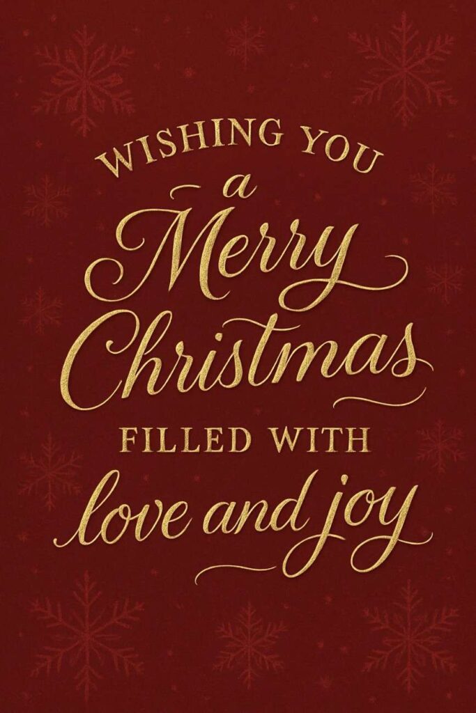 Gold Christmas text on red background with snowflakes