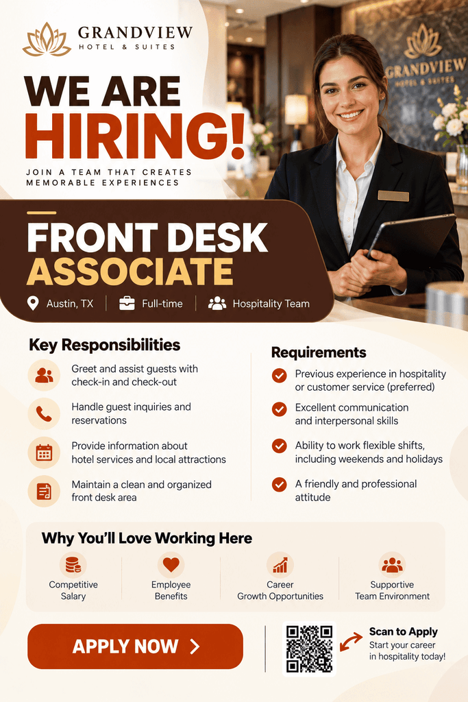 Grandview Hotel Front Desk Hiring Flyer